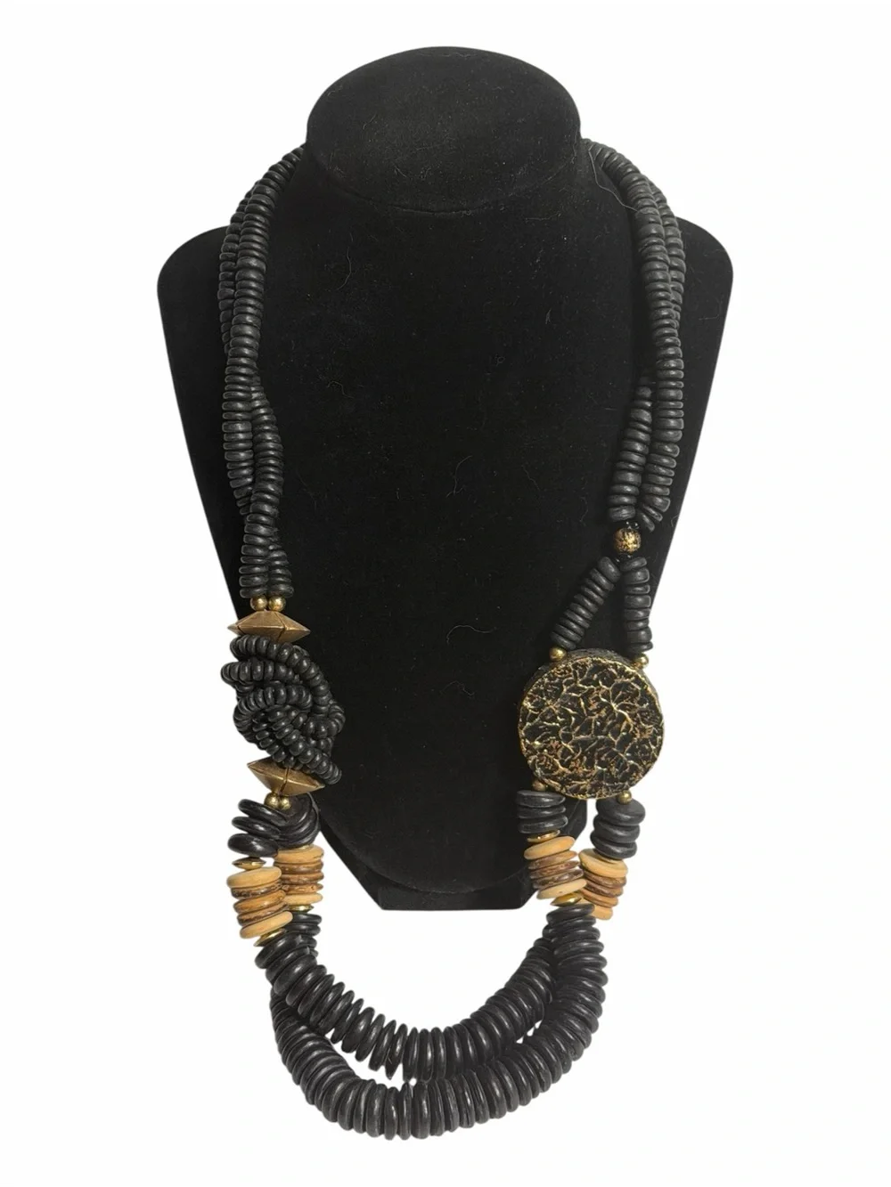 Chunky Boho Black & Gold Statement Necklace Wood Coconut Discs 80s 90s